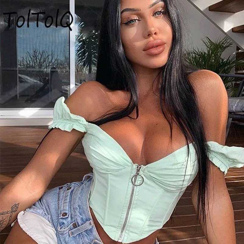 Short Sleeve Sexy Tops Women Half Zipper Bandage Cropped Shirt Spring Slim Party Top Tees 2019 | Женская одежда