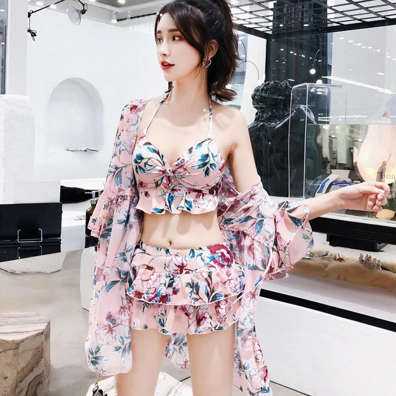 2018 Женский комплект бикини из трех частей с цветочным рисунком купальник