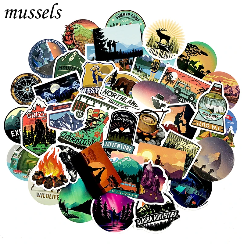 

50Pcs Adventure Series Travel Graffiti Paste Forskateboard Motorcycle Guitar Laptop Computer DIY Luggage Suitcase