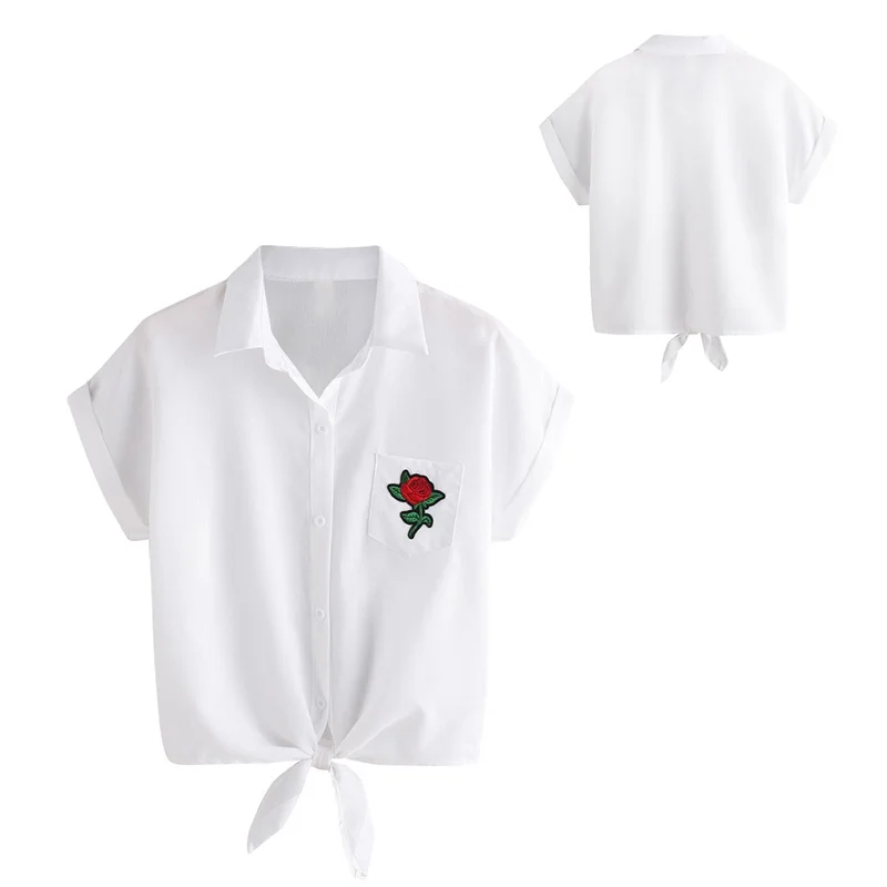 Новая женская блузка с принтом розы белая коротким рукавом и пуговицами|button