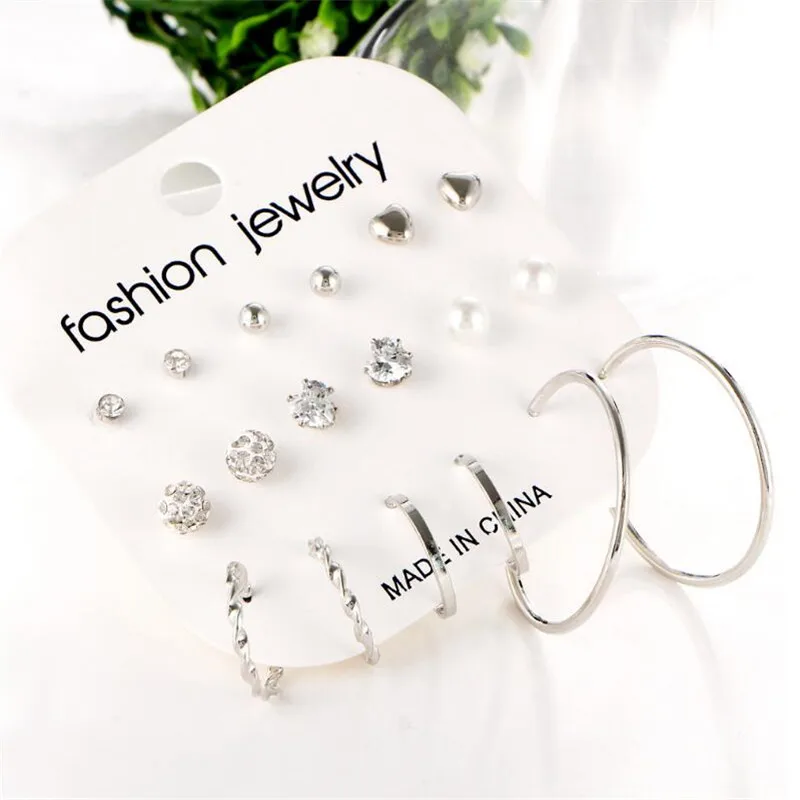 2018 Newest Simulated Pearl Golden Stud Earrings For Women Vintage Round Jewelry Boho Crystal Heart Earring Sets 9 Pairs/Set | Украшения и