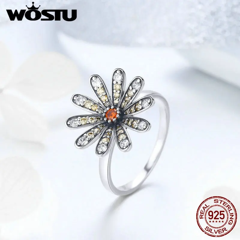 WOSTU Hot Sale 925 Sterling Silver Sparkling Daisy Flower Finger Rings For Women Fashion Engagement Ring Jewelry Gift CTR011