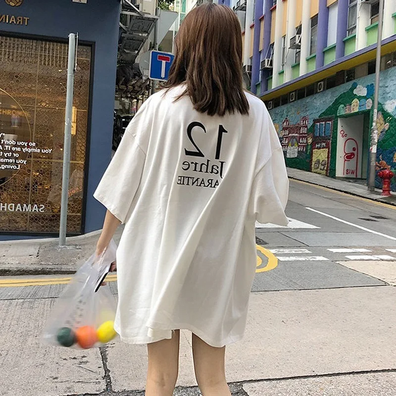Harajuku/крутая футболка большого размера с буквенным принтом для девочек, длинная футболка, женский летний белый Топ для женщин, свободная футболка в Корейском стиле