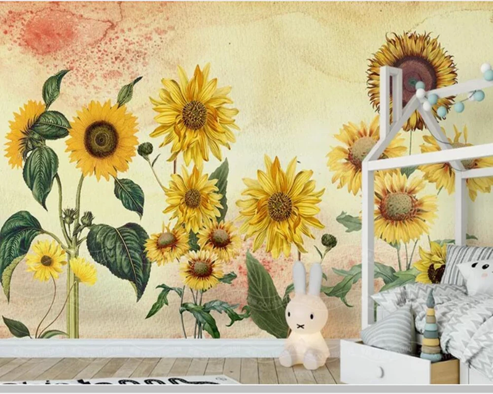 

Papel de parede Vintage sunflower hand painted 3d wallpaper,living room sofa TV wall bedroom wall mural papers home decor