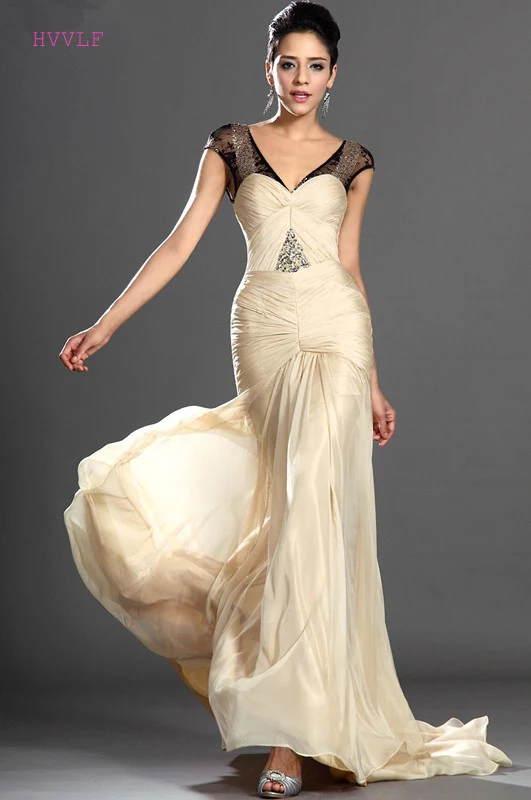 

Champagne Evening Dresses Mermaid V-neck Cap Sleeve Chiffon Sequins Plus Size Long Evening Gown Prom Dresses Robe De Soiree