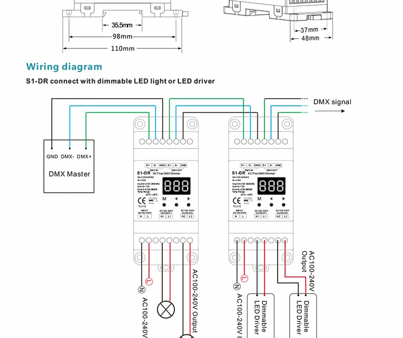 Din-рейка AC100-240V 288 Вт 2 канала Triac DMX диммер, двухканальный выход кремния DMX 512 контроллер S1-DR