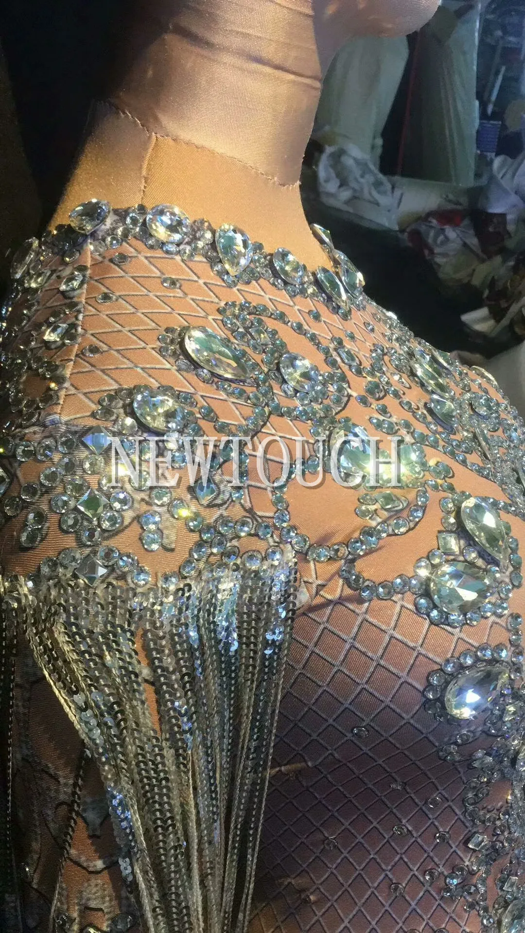 Super Sparkly Rhinestone Dancer Dress Stretch Sexy Gold Glisten Crystals Costume Evening Tassel Celebrate Dress Wear Sexy Dress