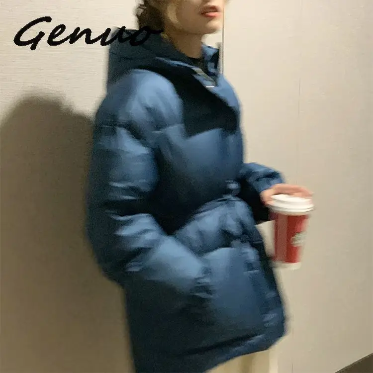 Genuo New Three Color Solid Women Parkas Hooded Zipper Single Breasted Coat Winter Thick Korean Fashion Sashes Jacket