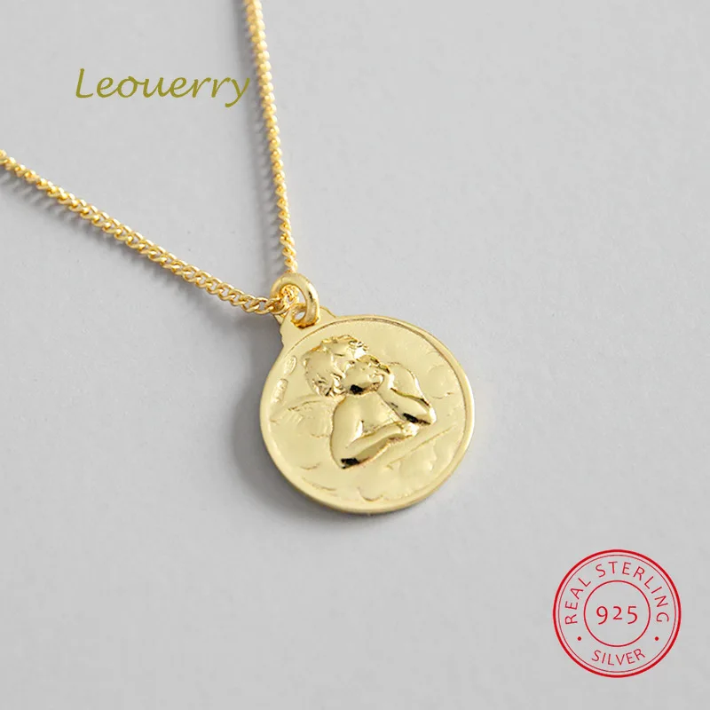 Leouerry 925 Sterling Silver Angel Cupid Coin Necklace Simple Round Pendant Clavicular Chain for Women Jewelry Gift | Украшения и