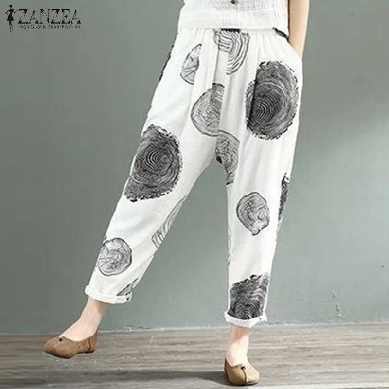 ZANZEA Vintage Casual Polka Dot Linen Pants Women's Trousers Female Elastic Waist Printed Turnip Pants Plus Size Pantalon