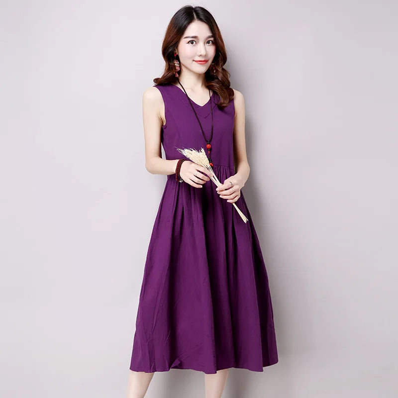 Лето 2017 новое женское хлопковое льняное свободное платье без рукавов с v-образным