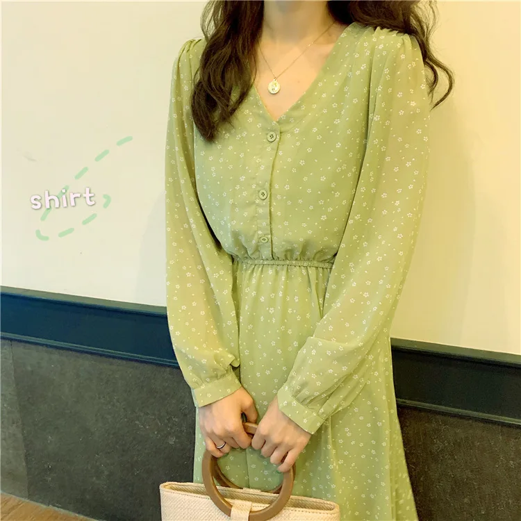 Женское шифоновое платье с длинным рукавом фонариком очень популярное цветочным