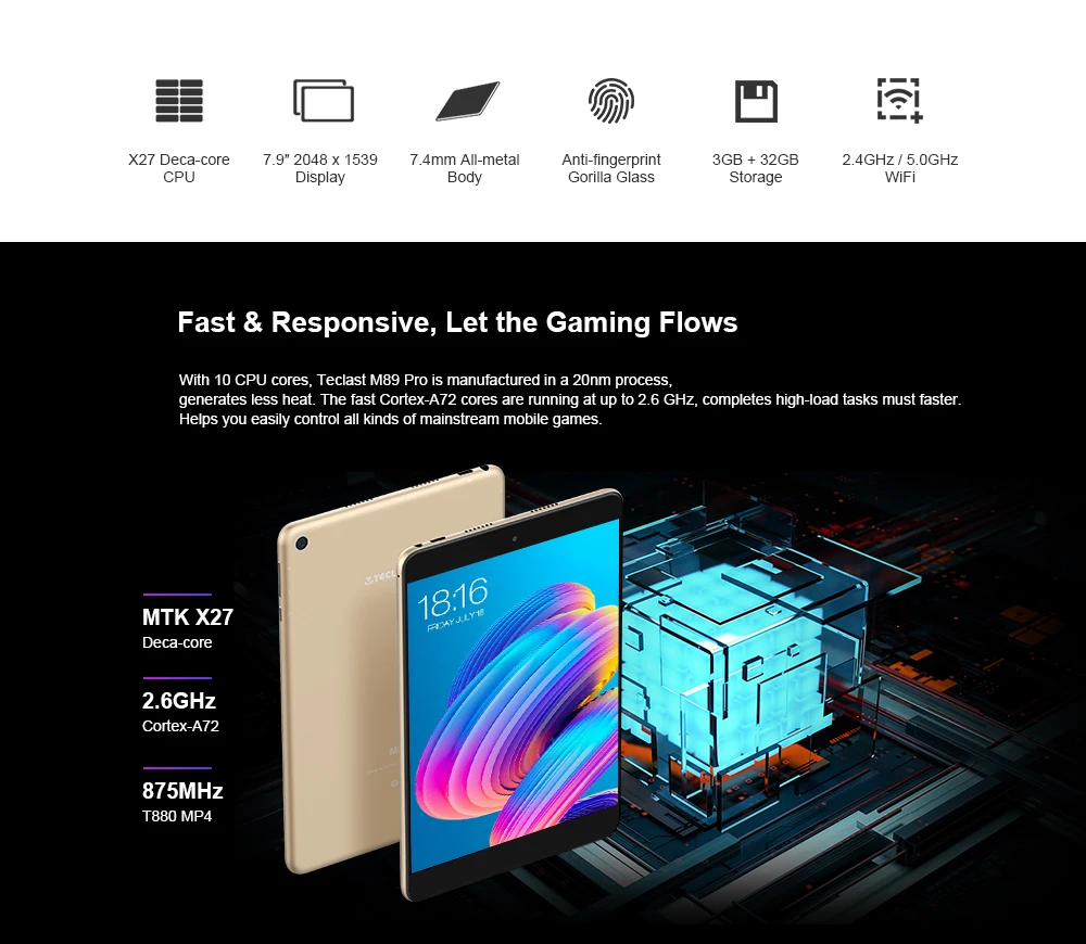 Teclast M89 Pro, 7,9 дюйма, 3 ГБ ОЗУ, 32 Гб ПЗУ, ips X27 Deca Core, 2048 МП, 1536 × 2,4 type-C, ГБ+ 5 Гб, двухдиапазонный, WiFi, металлический тонкий планшетный ПК