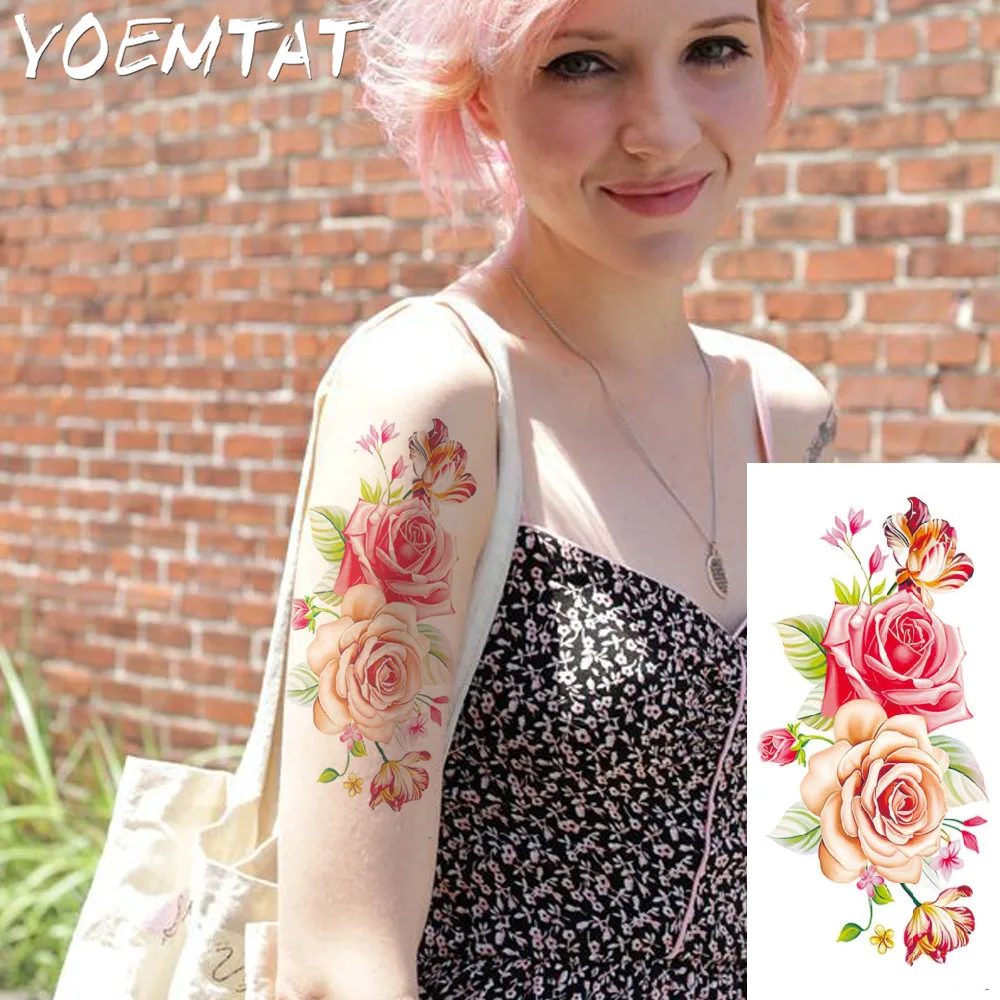 

Red Yellow Roses Flowers Arm Shoulder Tattoo Stickers Flash Henna Tattoo Fake Waterproof Temporary Tattoos Sticker Women On Body
