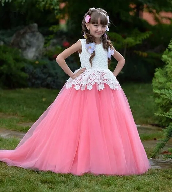 New Pink Customized Flower Girl Dress Ball Gown Lace Child Dress For Wedding Girls Pageant Gown