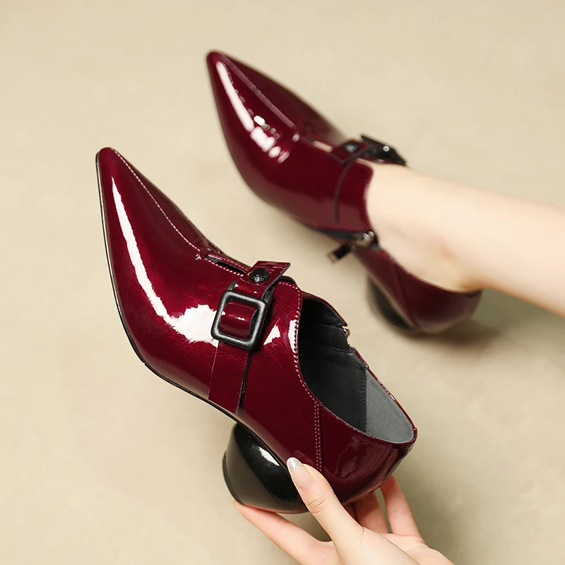 

ISNOM Patent Pu Pumps Women Autumn Buckle Pumps Pointed Toe Woman Strange Style Shoes Female High Heels Shoes Ladies 2019 New