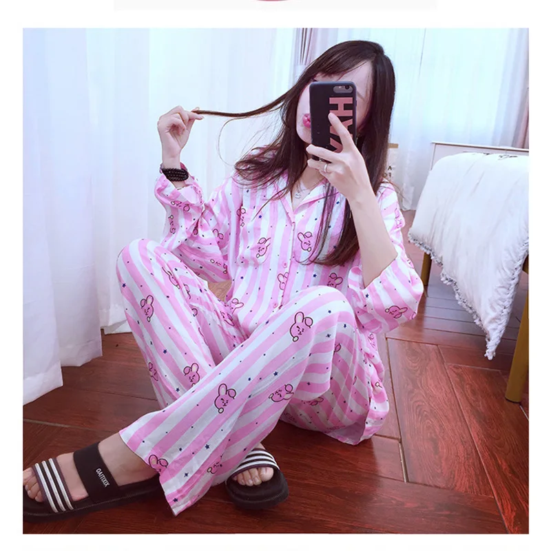 Korean BT21 Cartoon Version V Suga Same Harajuku Pajamas Kpop Home For BTS Bangtan Boys Long Sleeve Shirt Men Women PJ Costume | Женская