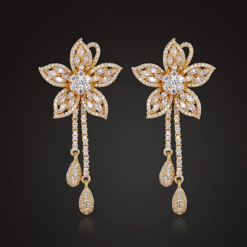 Lanyika Jewelry Luxury Bridal Flower Tassel Stud Earrings Zircon Full Micro Plated for Woman Girl Party Popular Best Gifts | Украшения и