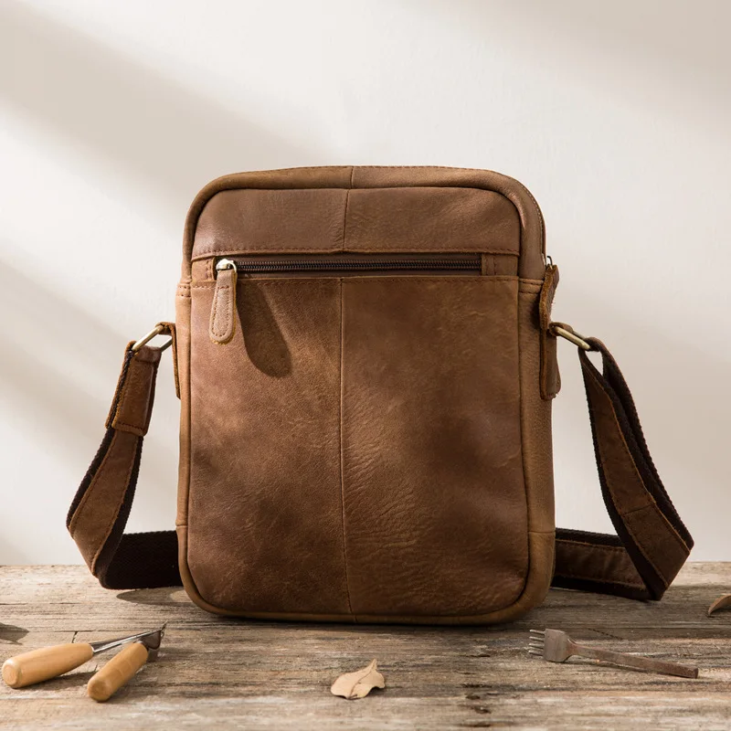 Handmade Genuine Crazy Horse Leather For Men Shoulder Bag Retro Vertical Messenger Bags Leisure Man Male Crossbody Sling |