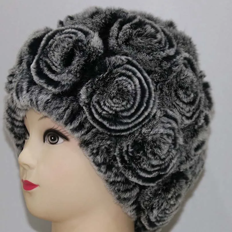 Женская вязаная шапка из натурального меха кролика Rex теплая цельного с