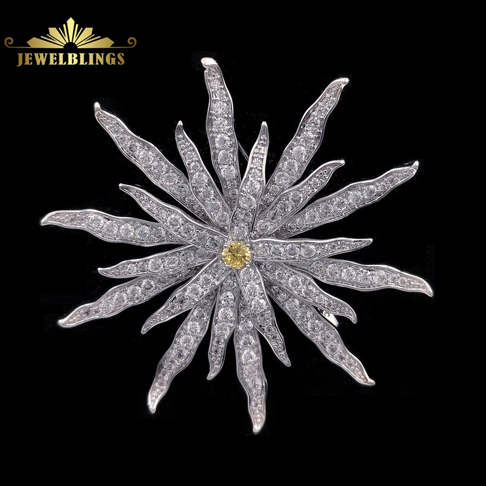 Festival Vintage Micro Pave CZ Firework Brooches Silver Tone Multi Petals Domed Yellow Stone Flower Pins Broach for Cape Jewelry | Украшения