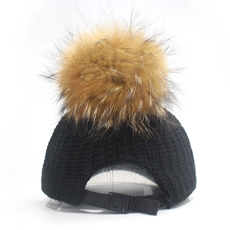 Autumn Winter Baseball Caps For Women Girl Real Raccoon Fur Pom Poms Knitted Hat Casual Solid Color Bone Feminino Bone Snapback
