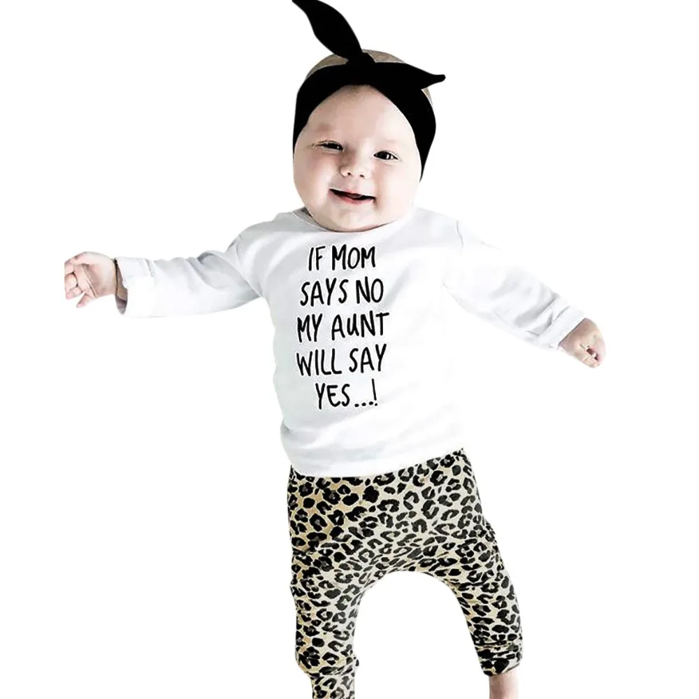 MUQGEW 3PCS Toddler Baby Letter Print Top Clothes+Leopard Pants+Headbands Girls Clothes Children Clothing Set | Детская одежда и