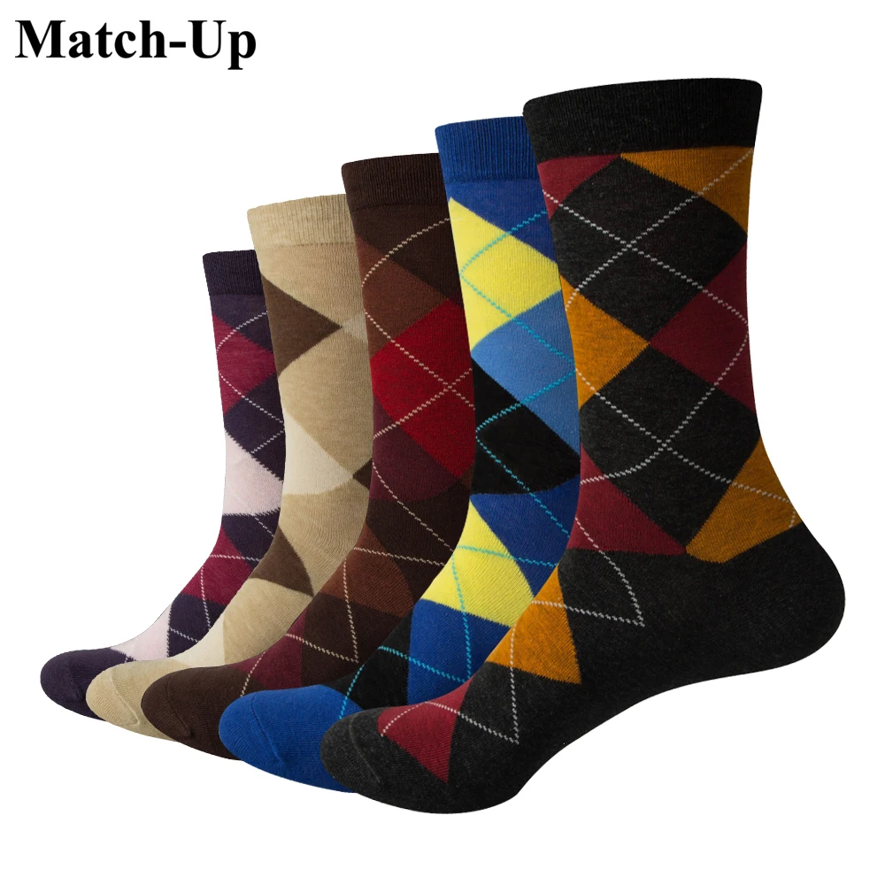 Матч Для мужчин Красочные Argyle хлопок экипажа Носки бренд Бизнес (5 пар/лот)|crew