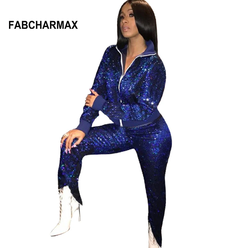 FABCHARMAX/новый модный синий спортивный костюм с блестками из двух предметов топ и