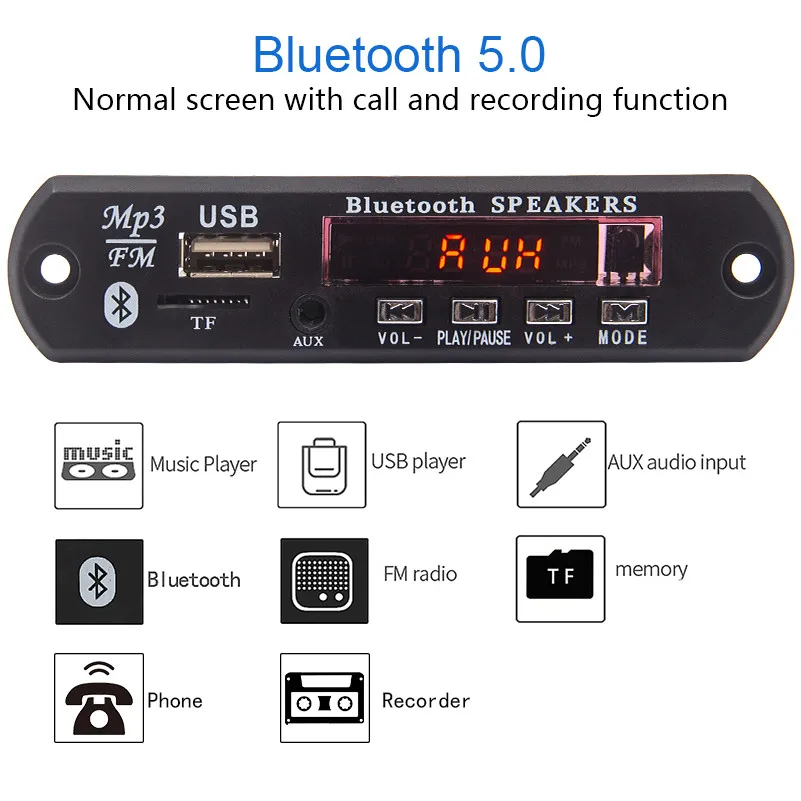 Bluetooth 5,0 MP3 декодер WMA WAV FLAC APE 12 в беспроводной аудио модуль цветной экран USB TF fm-радио с записью звонков - Цвет: call and recording