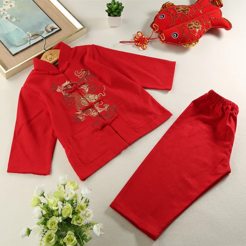 ActhInK Baby Boys Dragon Embroidery Cotton&ampLinen Han Chinese Clothing Brand Kids Retro Style Costume Set MC117 | Детская одежда и