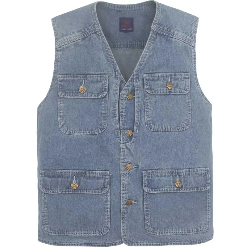 10002 Liight Blue Модный джинсовый жилет для мужчин, жилет для досуга, уличный хлопковый жилет с несколькими карманами, куртка без рукавов, мужская одежда размера плюс - Цвет: 10002 Liight Blue