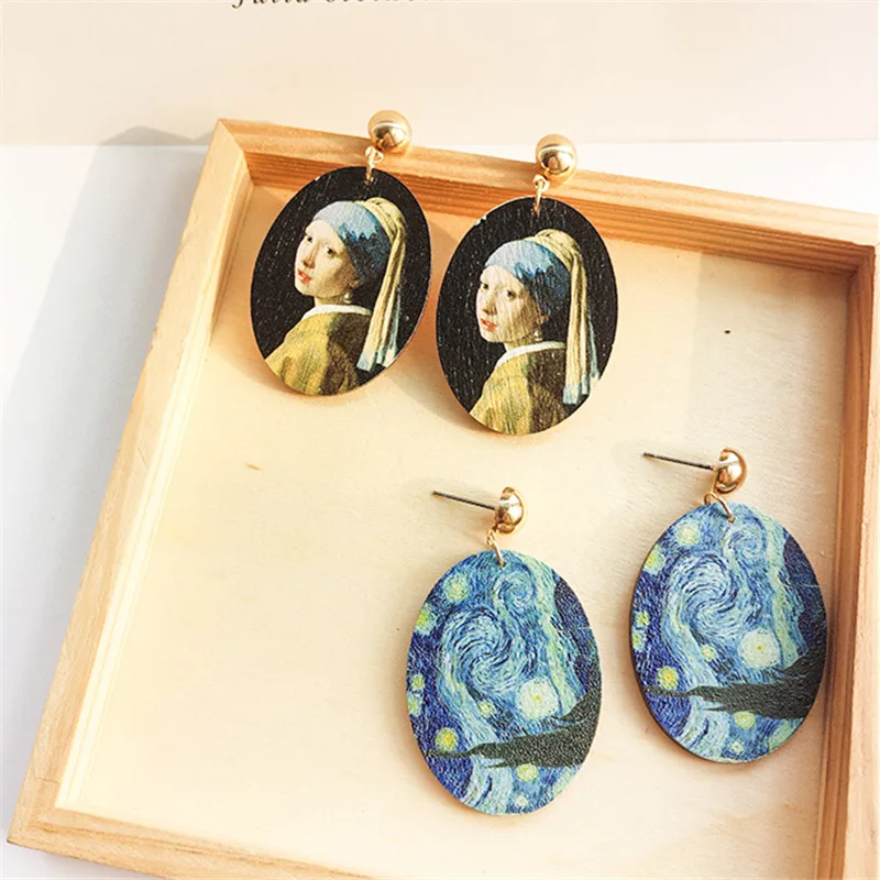 

Van Gogh Women Stud Earrings Wood Renaissance Paintings Oval Wooden Jewelry Earring Oil Painting Portraits Stud Earrings