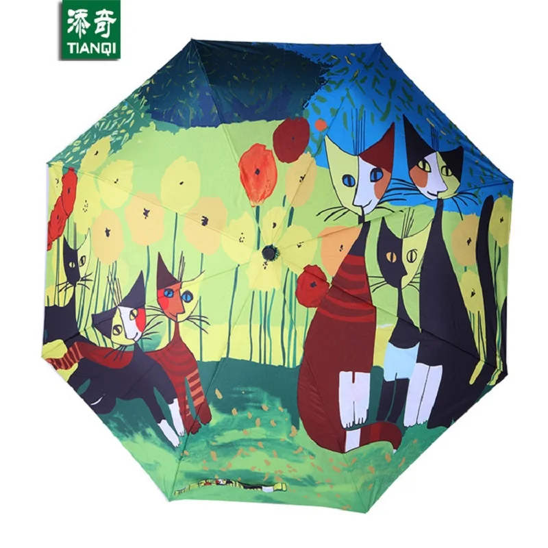 Картина маслом кошка узор дождь/солнце зонтик 3 Складной утолщение анти УФ мода