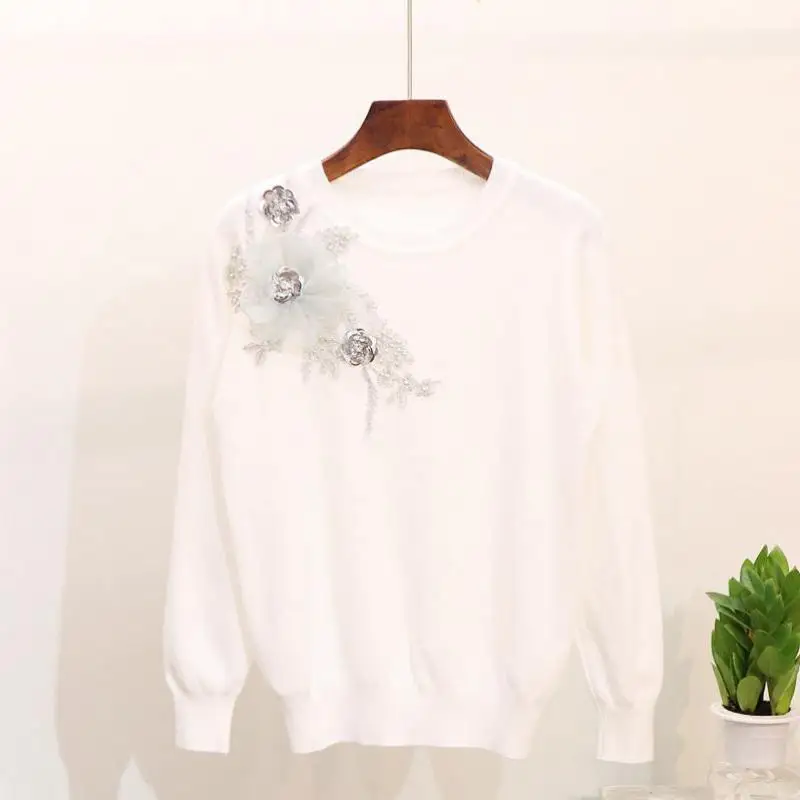 Fashion Beaded 3d Stereo Flower Collage Harajuku Women's Sweater Sweet Style Long-sleeved Stretch Loose Pullover Sweaters Women | Женская