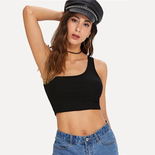 SHEIN цельный топ на одно плечо в рубчик, Женский Топ, женская одежда, лето, тонкий сексуальный укороченный топ, минималистичный Базовый Топ - Цвет: Black