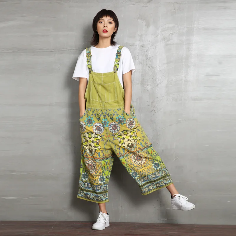 

Summer Fashion Loose Large Size Retro Printed Trousers Women Green Casual Literary Wide Leg Jumpsuit