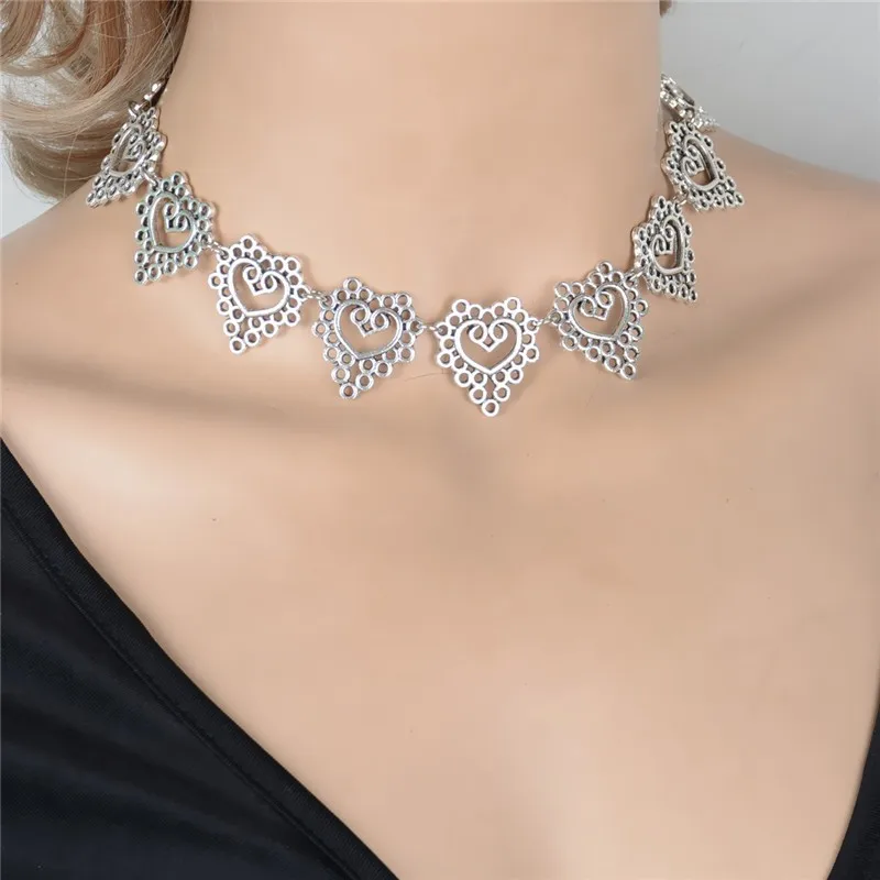 Fashion Vintage Hollow Lace Peach Heart Coin Boho Women's Short necklace Choker Necklace Charm Clavicle Chain Jewelry Silver | Украшения