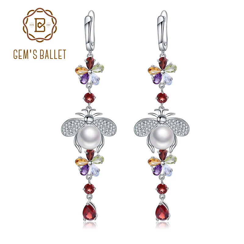 GEM'S BALLET, натуральный цветок, разноцветные Серьги с драгоценными камнями, 925 пробы, серебро, Пресноводный Жемчуг, Винтажные висячие серьги для женщин