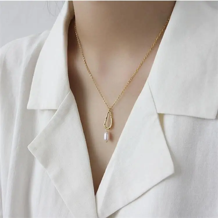 Gold color LouLeur, настоящее 925 пробы, Серебряное жемчужное ожерелье, геометрическое, неправильное, пресноводное, грушевое ожерелье для женщин, ювелирное изделие для вечеринок, девушек - Цвет камня: Gold color