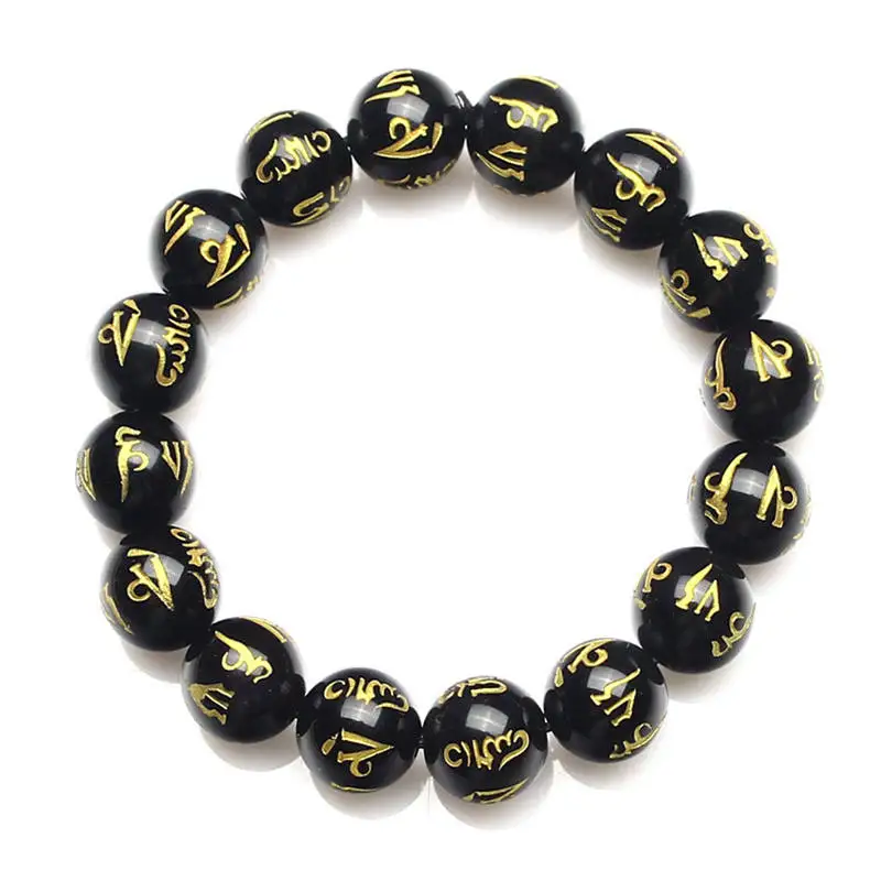 

BB-088 Black Carnelian Mantras Beaded Bracelets 14mm for Man Tibetan Six Words Mantras OM MANI PAD ME HUM