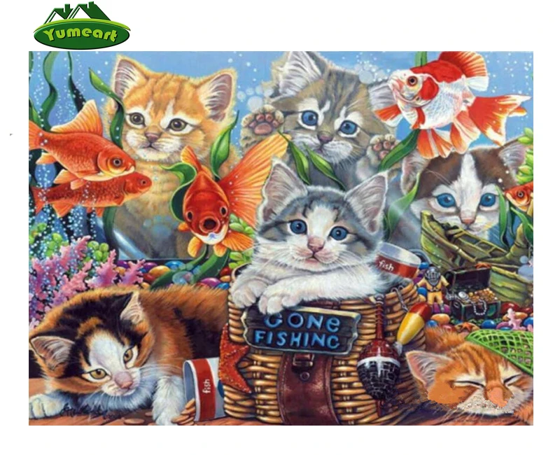YUMEART Full Square Diamond 5D DIY Cat Goldfish Painting Embroidery Set Cross Stitch Rhinestone Mosaic | Дом и сад