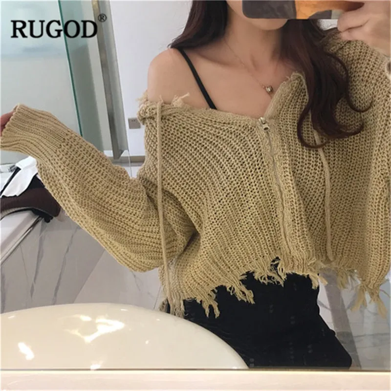 ROGUD 2019 Autumn Vintage Women Loose Off Shoulder Sweater Ladies Solid Tassel Cardigans swetry damskie |