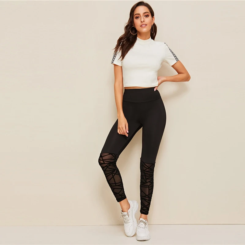 SHEIN модные обтягивающие леггинсы с сетчатым подолом, черные эластичные женские леггинсы для тренировок, повседневные леггинсы с контрастной сеткой