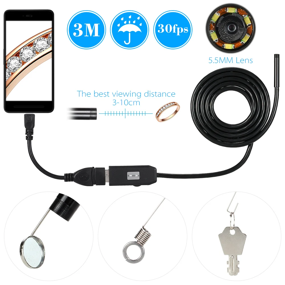 Мини-камера-эндоскоп OWSOO 5 мм 6 светодиодов USB кабель 3 м Android для осмотра автомобиля
