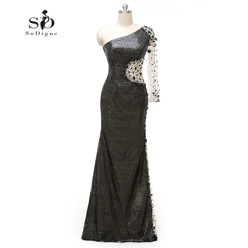 Черное вечернее платье с блестками на одно плечо со стразами Русалка 2018