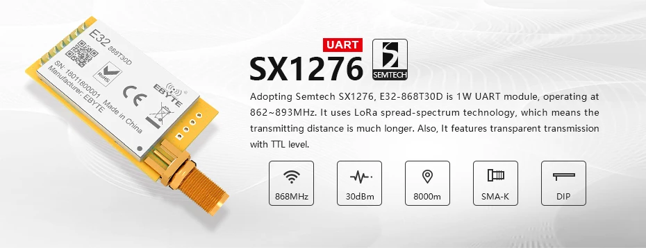 1 шт. 868 МГц LoRa SX1276 радиочастотный модуль с большим диапазоном E32-868T30D UART 1 Вт iot радиочастотный трансивер 868 МГц Ebyte радиочастотный передатчик и приемник