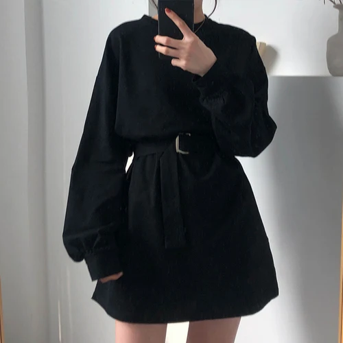 Черный Ulzzang корейский стиль Женская одежда модный бренд весна осень новые длинные топы О-образный вырез длинный рукав пояса свободные повседневные футболки - Цвет: Черный