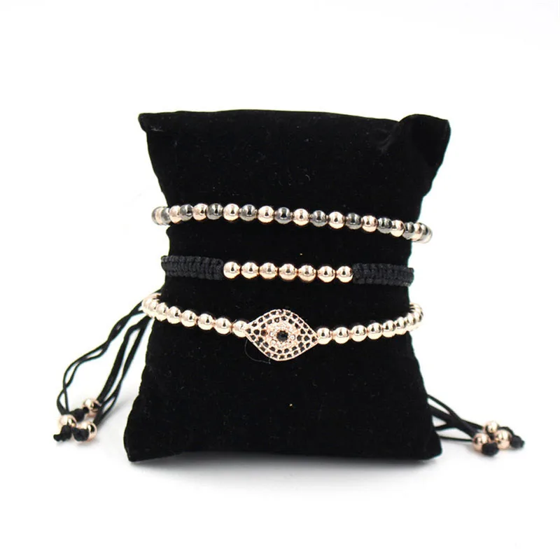 

PINIYA Handmade Wristband Wrap 3Pcs/Sets Micro Pave CZ Fatima Eye Charm 5mm Copper Beads Strand Couple Braiding Bracelet Set