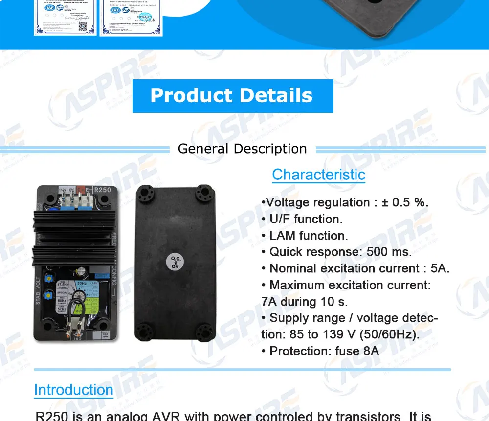 Бесщеточный Тип Aspire AVR синхронный запчасти генератора AVR R250 электрическая схема автоматический Напряжение регулятор